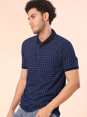 V-MART Printed Men Polo Neck Blue T-Shirt