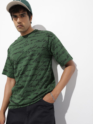 Roadster Printed Men Round Neck Green T-Shirt