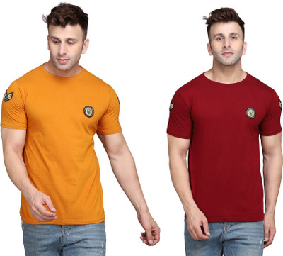 GEUM Solid Men Round Neck Gold, Maroon T-Shirt