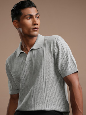 HIGHLANDER Self Design Men Polo Neck Grey T-Shirt