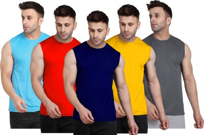 UDI n ADI Solid Men Round Neck Navy Blue, Red, Light Blue, Yellow, Grey T-Shirt