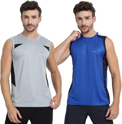 FTX Solid Men Round Neck Blue, Grey T-Shirt