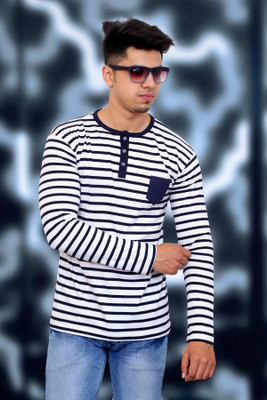 FARICON Striped Men Henley Neck White, Blue T-Shirt