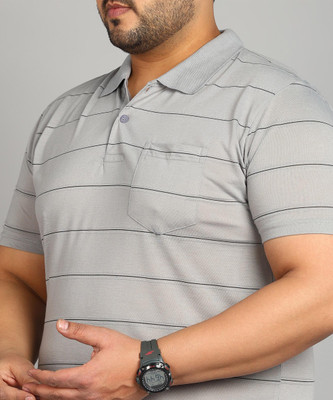 INKKR Striped Men Polo Neck Grey T-Shirt
