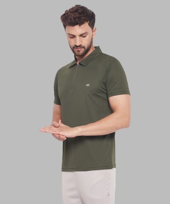 White Moon Solid Men Polo Neck Green T-Shirt