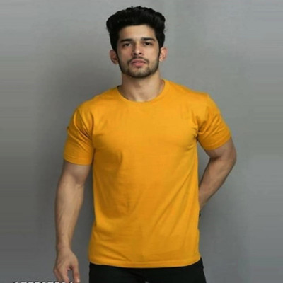 TARSHI Solid Men Round Neck Yellow T-Shirt