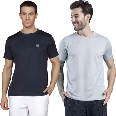 Adorbs Solid Men Round Neck Dark Blue, Grey T-Shirt
