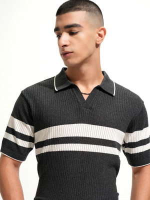 HIGHLANDER Striped Men Polo Neck Black T-Shirt