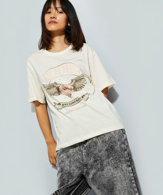 MAX Printed Women Round Neck Beige T-Shirt