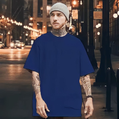 Lasmo Solid Men Round Neck Navy Blue T-Shirt