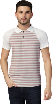 tfurnish Striped Men Polo Neck Pink, White T-Shirt