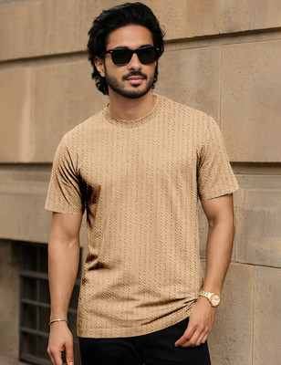 Force Self Design Men Round Neck Beige T-Shirt