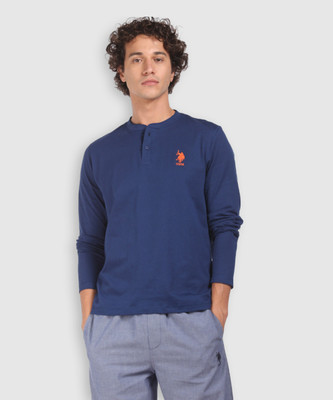U.S. POLO ASSN. Solid Men Henley Neck Blue T-Shirt