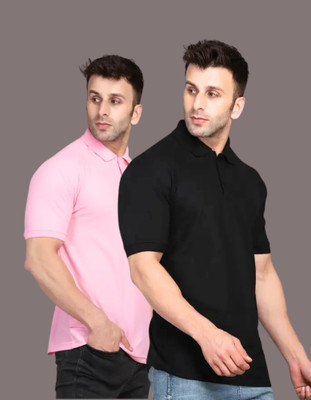 URBANICE Solid Men Polo Neck Black, Pink T-Shirt