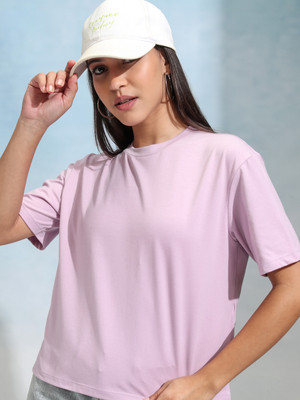 Tokyo Talkies Solid Women Round Neck Purple T-Shirt