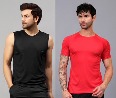 UDI n ADI Self Design Men Round Neck Black, Red T-Shirt