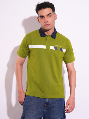 BEING HUMAN Striped Men Polo Neck Green T-Shirt
