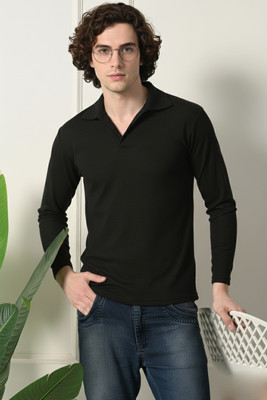 VIOUR Solid Men Polo Neck Black T-Shirt