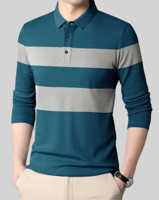 TAZO Striped Men Mandarin Collar Blue T-Shirt
