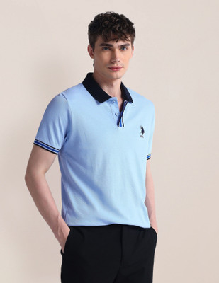 U.S. POLO ASSN. Self Design Men Polo Neck Blue T-Shirt