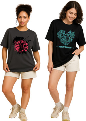 Absolute Monarchy Printed Women Round Neck Grey, Black T-Shirt