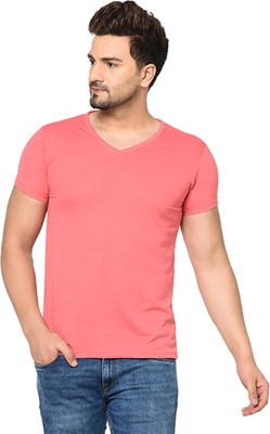 Moordale Fab Solid Men V Neck Pink T-Shirt
