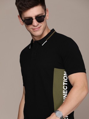 French Connection Printed Men Polo Neck Black T-Shirt