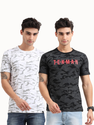 Texman Graphic Print Men Round Neck Black, White, Grey T-Shirt
