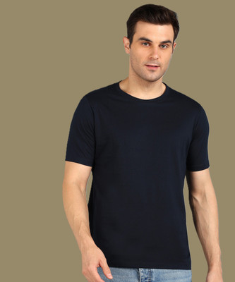 KAEZRI Solid Men Round Neck Navy Blue T-Shirt