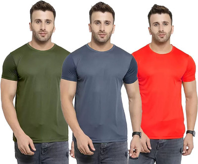 RIVAAZ Collections Solid Men Round Neck Dark Green, Grey, Red T-Shirt