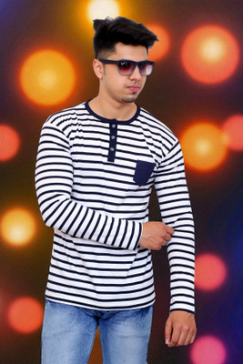 FARICON Striped Men Round Neck White T-Shirt