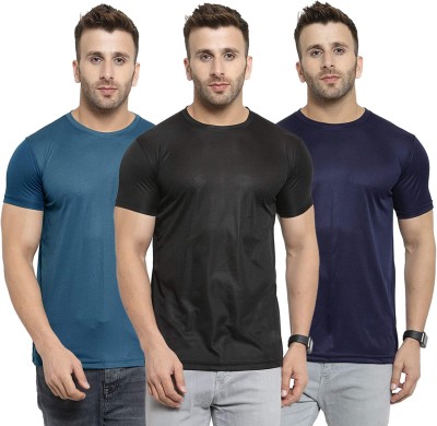 Renowned Solid Men Round Neck Dark Blue, Black, Navy Blue T-Shirt