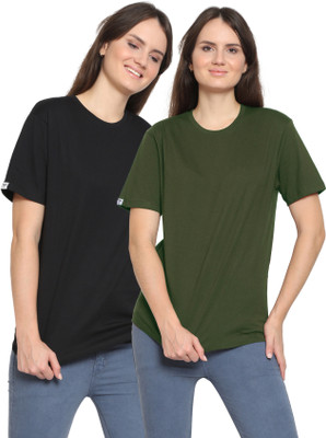 YouthPoi Solid Women Round Neck Black, Green T-Shirt