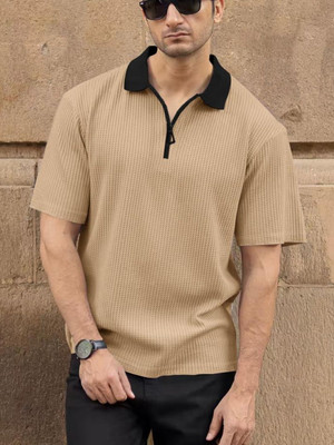 Aqualoom Self Design, Embroidered, Printed, Tie & Dye, Solid, Striped, Typography, Graphic Print Men Zip Neck Beige T-Shirt