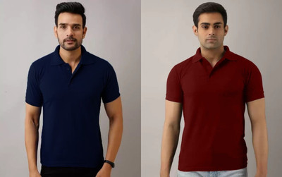 Silver Swan Solid Men Polo Neck Dark Blue, Maroon T-Shirt