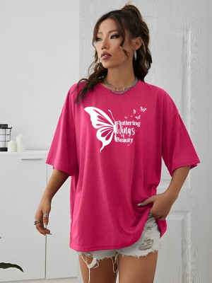 HouseOfCommon Printed Women Round Neck Pink T-Shirt