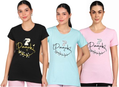 Paavki Printed Women Round Neck Black, Light Blue, Pink T-Shirt