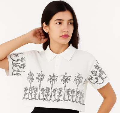 RoundX Printed Women Polo Neck White T-Shirt
