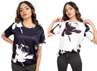 Apache Printed Women Round Neck White, Purple T-Shirt