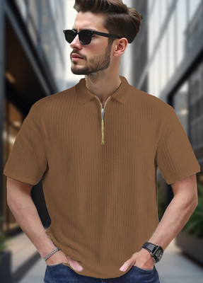 Conway Self Design Men Zip Neck Brown T-Shirt