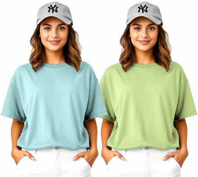 HouseOfCommon Solid Women Round Neck Light Blue, Light Green T-Shirt