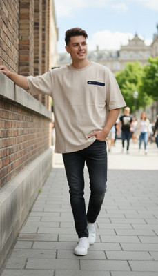 DivRa Clothing Self Design Men Round Neck Beige T-Shirt