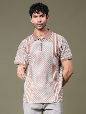 V-MART Printed Men Polo Neck Brown T-Shirt