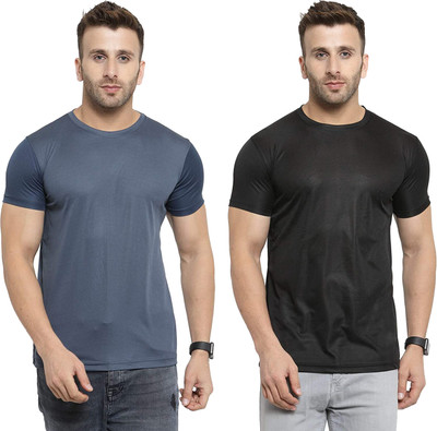 Think Tech Solid Men Round Neck Grey, Black T-Shirt