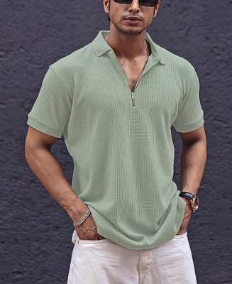 Conway Self Design Men Zip Neck Green T-Shirt