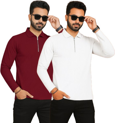 VINTAGE CROWN Self Design Men Polo Neck Maroon, White T-Shirt