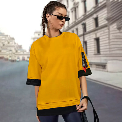 FARBOT Colorblock Women Round Neck Yellow T-Shirt