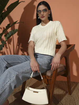 SOMVATI Self Design Women Round Neck White T-Shirt