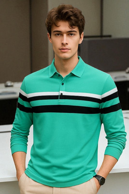 Autna Striped Men Polo Neck Green T-Shirt