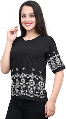 Yunic29 Casual Embroidered Women Black Top